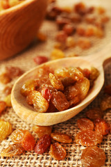 Raisins on sackcloth, closeup