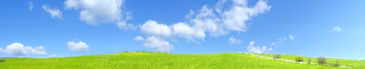 Collina verde all'aperto con nuvole nel cielo blu chiaro - obrazy, fototapety, plakaty