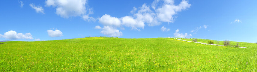 Collina verde all'aperto con nuvole nel cielo blu chiaro