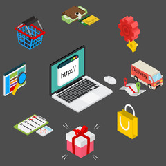 Isometric illustration of online shopping with laptop and icons