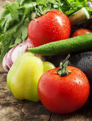 Fresh eggplant, tomatoes, peppers, zucchini, garlic and herbs on