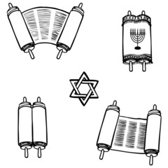 Torah. Old scrolls in different forms. Vector illustration