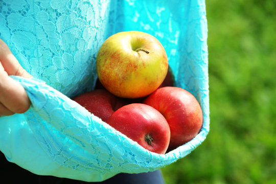 Red Apple In Hemline Of Female Clothing, Closeup