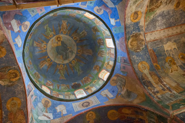 Fototapeta na wymiar Frescoes in the Cathedral of Monastery Mirozhsky, Pskov, Russia