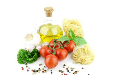 Whole grain wheat noodle nests with a flask of oil