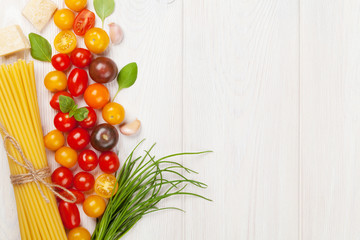 Italian food cooking ingredients. Pasta, vegetables, spices