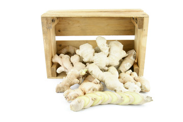 Fresh ginger root in a crate.