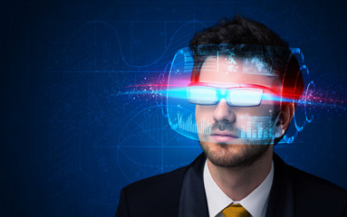 Man with future high tech smart glasses