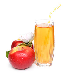 Glass of apple juice and apples, isolated on white