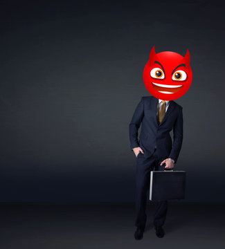 businessman wears devil smiley face