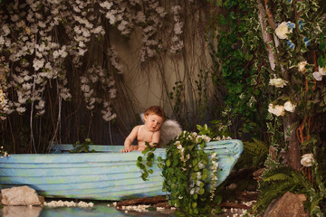 Baby with angel wings in a boat with flowers  background