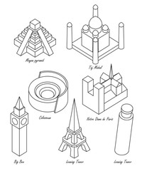 set of schematic drawings of various architectural landmarks