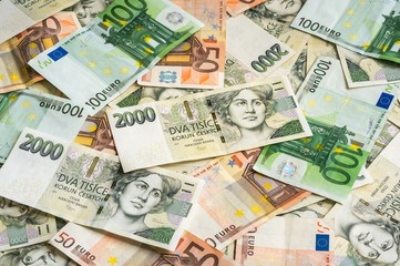 Fototapeta na wymiar Czech and Euro banknotes background