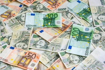 Obraz na płótnie Canvas Czech and Euro banknotes background