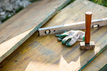 Woodworking Construction Tools on Planks of Wood