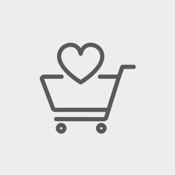 Shopping cart with heart thin line icon