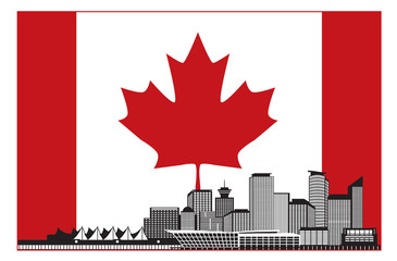 Vancouver BC Canada Skyline in Canadian Flag Illustration