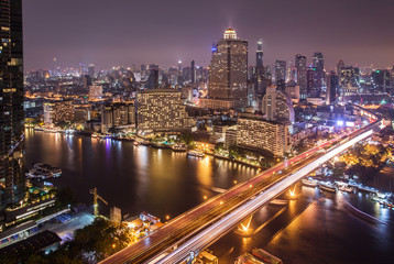Fototapeta na wymiar Landscape of River in Bangkok city at night, bird view