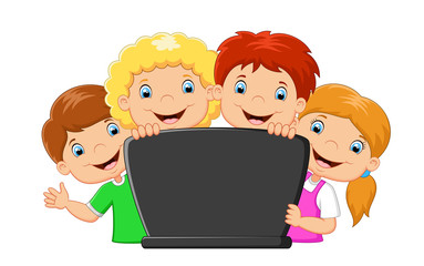 Cartoon happy family with laptop