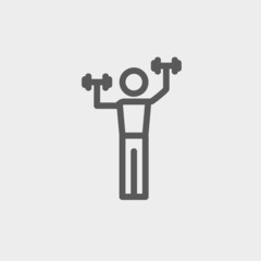 Boy in weight training thin line icon