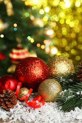 Christmas balls on grey wooden background