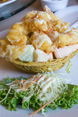 Shrimp fried with cream salad on taro cup fried