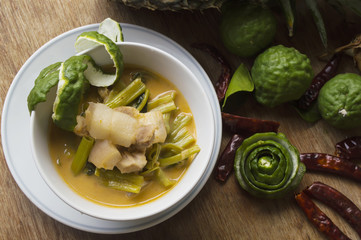 Pork curry with water spinach (Tae-pho soup) still life