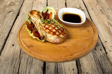 Steak, mustard, salad.