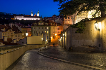 Old street of Hradcany in Prague at night. Czech Republic
