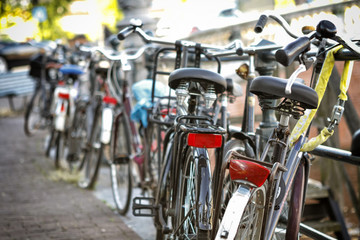Fototapeta na wymiar Bicycles Parked, Amsterdam, Netherlands