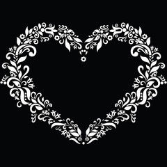 Obraz na płótnie Canvas White Embroidery inspired heart shape in won black background
