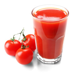 Glass of tomato juice with vegetables isolated on white