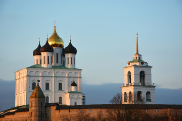 Famous Trinity cathedral at Pskov city at the sunset