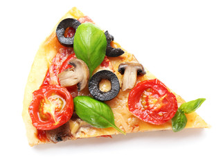 Slice of tasty pizza with vegetables and basil isolated on white