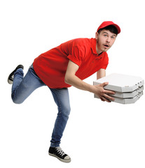 Delivery boy with cardboard pizza box isolated on white