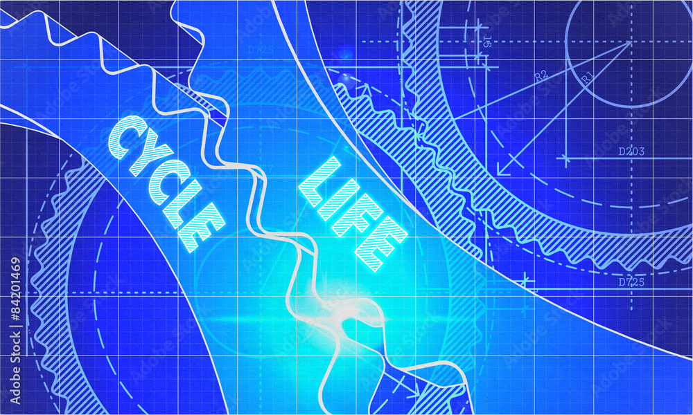 Poster life cycle on blueprint of cogs.