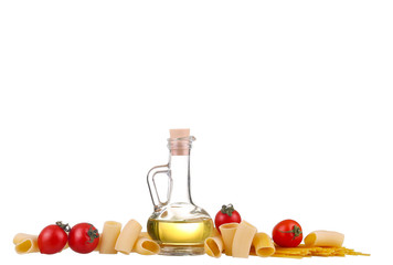 Pasta, tomatoes, basil . Isolated on white background