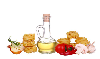 row dry nest pasta and olive oil on white