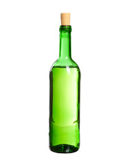 Empty green glass wine bottle isolated on white