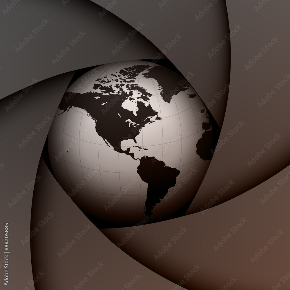 Poster background with lens shutter and earth globe inside
