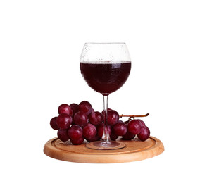 wine glass with red wine, wineglass of wine and grapes isolated over white background
