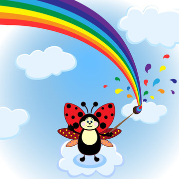 Little cartoon beetle and rainbow on the sky
