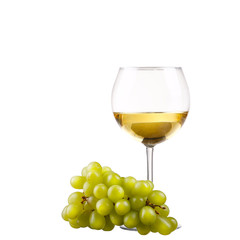 wineglass with white wine and grape over white