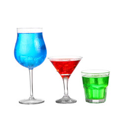 Three cocktail red blue and green isolated on white background