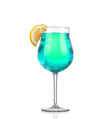 Green alcohol cocktail with splash and green lime isolated on white