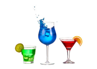 Three cocktail red blue and green isolated on white background splash