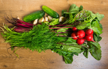 Fresh spring organic vegetables on wooden background