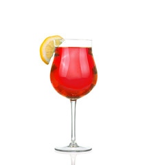 Cocktail with splash and lime slice isolated on white