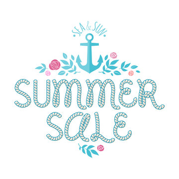 Summer sale offer with ahchor,roses and leaves.
