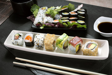 platter sushi roll / sushi roll on plate in the table restaurant